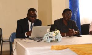 Prof. Saphina Biira, the Deputy Vice Chancellor Academic Affairs & Research, and Dr. Fredrick Kiwuwa Lugya, Busitema University Librarian, in attendance during the Open Access Week celebrations held at the Faculty of Engineering Library on 20th October 2025.